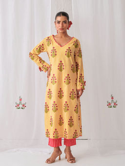 Myaara - Yellow Floral V Neck Long Kurta Paired With Striped Matching Pant (Set of 2)