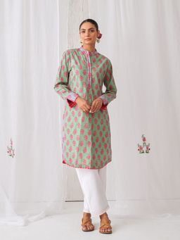 Myaara - Mint Green Floral Kurta With Paired With White Straight Pant (Set of 2)