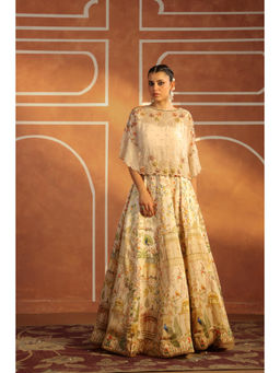 Pratapsons - Beige Printed Linen Satin Silk Lehenga Set