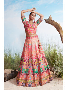 Pratapsons - Coral Pink Printed Premium Silk Lehenga Set