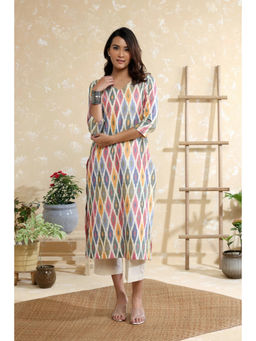 Sutra Art of Clothing - Beige Multicolour Handwoven Pure Cotton Ikkat Kurta