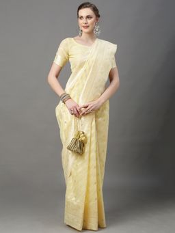 Akhilam - Womens Cotton Silk Yellow Woven Design Saree with Unstitched Blouse