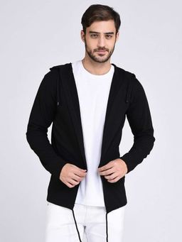 RIGO - Men Black Hooded With Bottom Detail Cotton Full Sleeve Open Cardigan