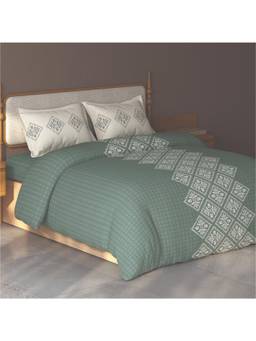 SPACES - Aurum Green Ornate Cotton Blend Double Bedsheet with 2 Pillow Covers