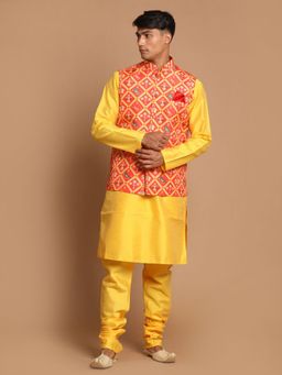 Vastramay - Men Red And Yellow Silk Blend Jacket, Kurta And Pyjama (Set of 3)