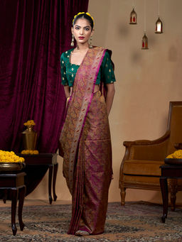 WeaverStory - Wine Handloom PureTanachi Banarasi Saree With Unstitched Blouse