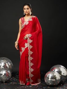 Kasee - Red Silk Blend Embroidered Saree with Unstitched Blouse