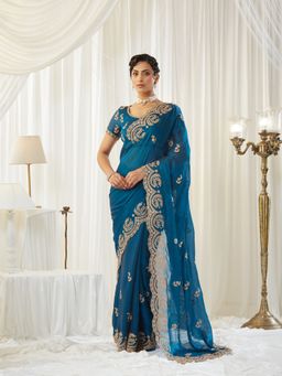Kasee - Turquoise Silk Blend Embroidered Saree with Unstitched Blouse