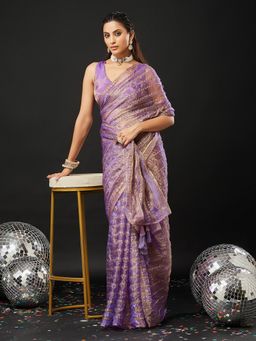 Kasee - Lavender Silk Blend Embroidered Saree with Unstitched Blouse