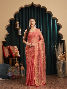 Kasee - Rust Silk Blend Embroidered Saree with Unstitched Blouse