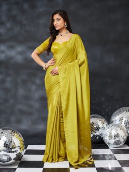 Kasee - Olive Silk Blend Plain Saree with Unstitched Blouse