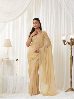Kasee - Beige Silk Blend Embellished Saree with Unstitched Blouse