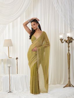 Kasee - Green Silk Blend Embellished Saree with Unstitched Blouse