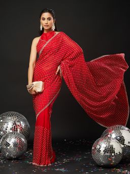 Kasee - Red Silk Blend Embellished Saree with Unstitched Blouse