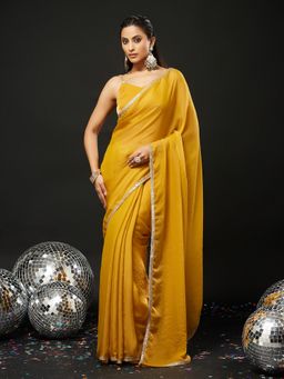 Kasee - Mustard Silk Blend Plain Saree with Unstitched Blouse