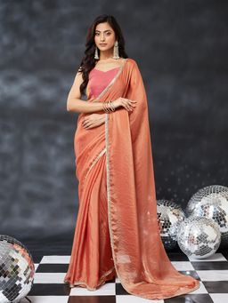 Kasee - Peach Silk Blend Plain Saree with Unstitched Blouse