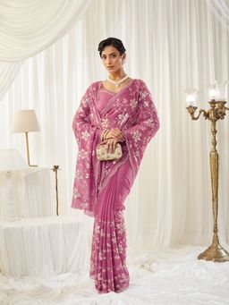 Kasee - Pink Poly Silk Embellished Saree with Unstitched Blouse