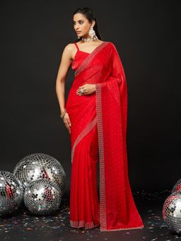 Kasee - Red Silk Blend Embellished Saree with Unstitched Blouse