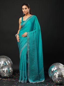 Kasee - Blue Silk Blend Embellished Saree with Unstitched Blouse