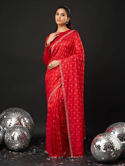 Kasee - Red Silk Blend Embellished Saree with Unstitched Blouse