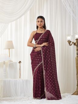 Kasee - Wine Silk Blend Embellished Saree with Unstitched Blouse