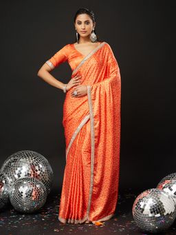 Kasee - Orange Art Silk Printed Saree with Unstitched Blouse