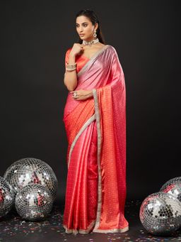 Kasee - Pink Satin Printed Saree with Unstitched Blouse