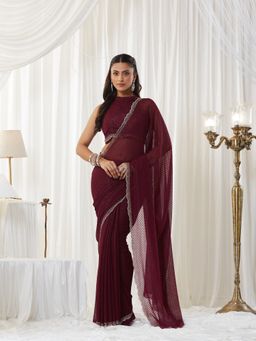 Kasee - Wine Silk Blend Embellished Saree with Unstitched Blouse