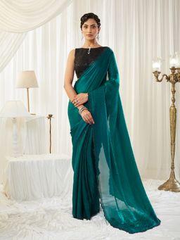 Kasee - Green Silk Blend Plain Saree with Unstitched Blouse