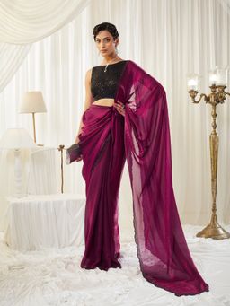 Kasee - Magenta Silk Blend Plain Saree with Unstitched Blouse