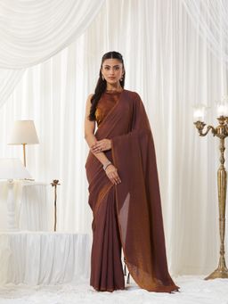 Kasee - Brown Silk Blend Plain Saree with Unstitched Blouse