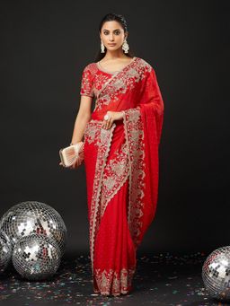 Kasee - Red Silk Blend Embroidered Saree with Unstitched Blouse