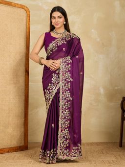 VAIRAGEE - Purple Silk Thread Work Saree with Unstitched Blouse