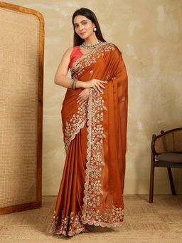 VAIRAGEE - Orange Silk Thread Work Saree with Unstitched Blouse