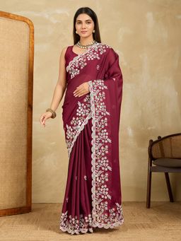 VAIRAGEE - Wine Silk Thread Work Saree with Unstitched Blouse