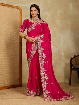 VAIRAGEE - Pink Chiffon Thread Work Saree with Unstitched Blouse