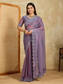 VAIRAGEE - Purple Chiffon Thread Work Saree with Unstitched Blouse