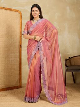 VAIRAGEE - Peach Chiffon Thread Work Saree with Unstitched Blouse