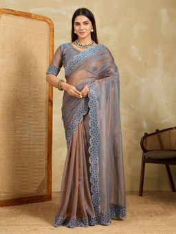 VAIRAGEE - Brown Chiffon Thread Work Saree with Unstitched Blouse