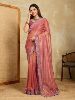 VAIRAGEE - Peach Net Thread Work Saree with Unstitched Blouse