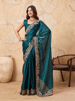 VAIRAGEE - Teal Silk Thread Work Saree with Unstitched Blouse