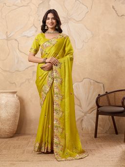 VAIRAGEE - Yellow Chiffon Thread Work Saree with Unstitched Blouse
