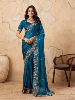 VAIRAGEE - Teal Chiffon Thread Work Saree with Unstitched Blouse