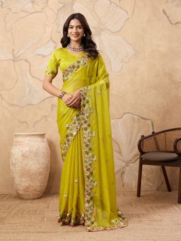 VAIRAGEE - Mustard Chiffon Thread Work Saree with Unstitched Blouse