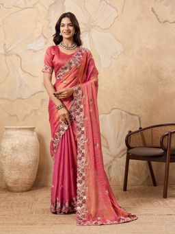 VAIRAGEE - Peach Chiffon Thread Work Saree with Unstitched Blouse