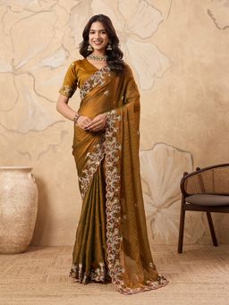 VAIRAGEE - Brown Chiffon Thread Work Saree with Unstitched Blouse