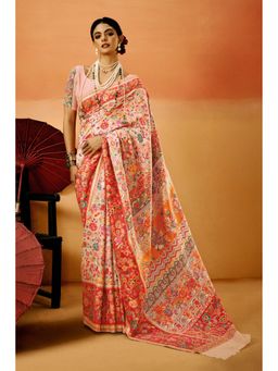 Mysilklove - Heather Peach Kashmiri Handloom Jamewar Saree with Unstitched Blouse