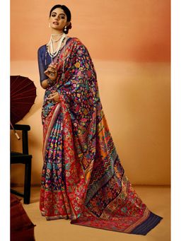 Mysilklove - Navy Blue Kashmiri Handloom Jamewar Saree with Unstitched Blouse