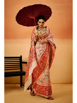 Mysilklove - Pastel Cream Kashmiri Handloom Jamewar Saree with Unstitched Blouse