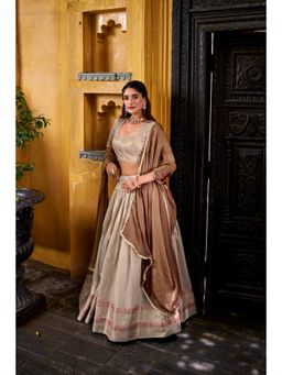 LooknBook Art - Festive Dupion Silk Zari Chaniya Stitched Cream Lehenga with Blouse and Dupatta